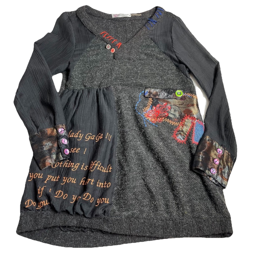 Forla Paris Gray Mixed Media Sweater S Lady Gaga Y2K 90s Boho Grunge